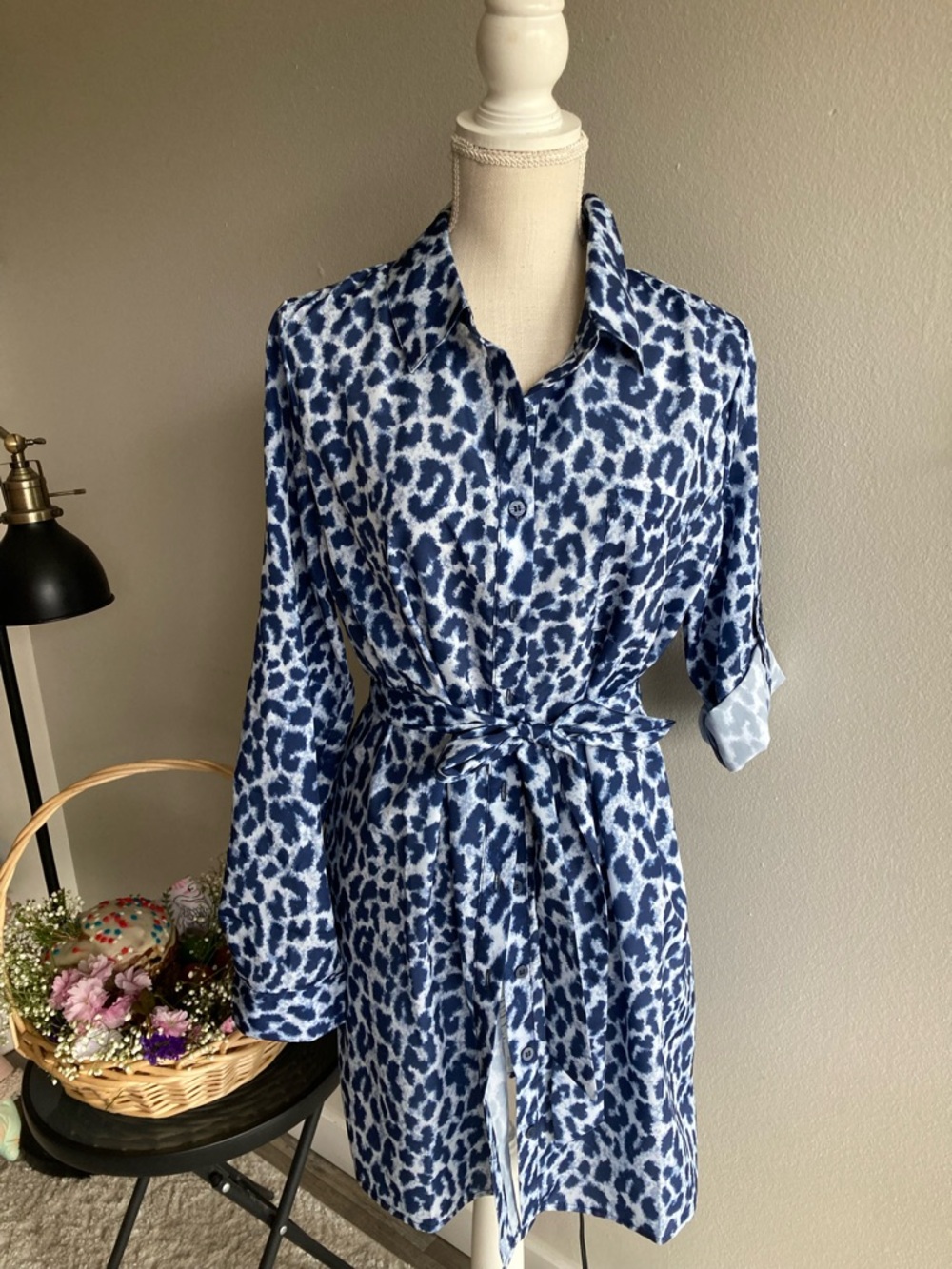 dennis basso Blue Leopard Print Long Sleeve Shirt Dress/Tunic